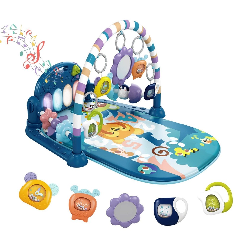 Baby Play Mat Gym with Piano, Tummy Time Activity Mat & 5 Sensory Toys, Music &