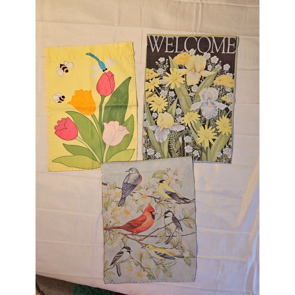 3 banderas de jardín de primavera y verano 12x17 pájaros flores abejas bienvenida-image