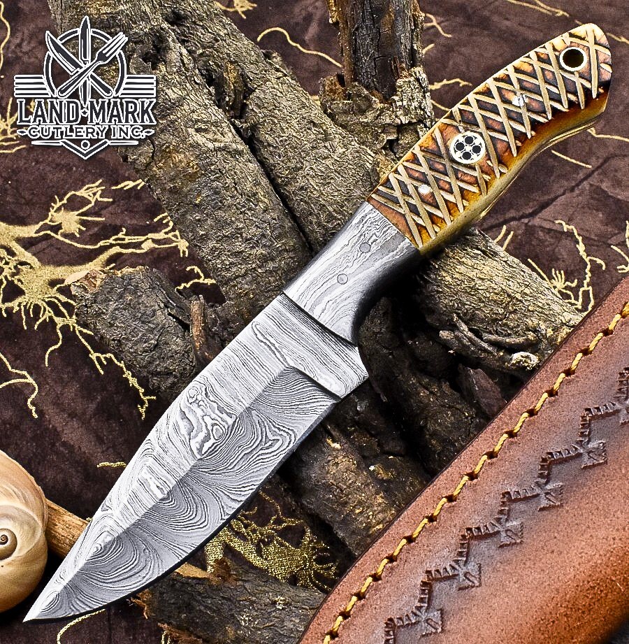 HANDMADE DAMASCUS HUNTING SKINNER KNIFE WITH CAMEL BONE DAMASCUS BOLSTER HANDLE