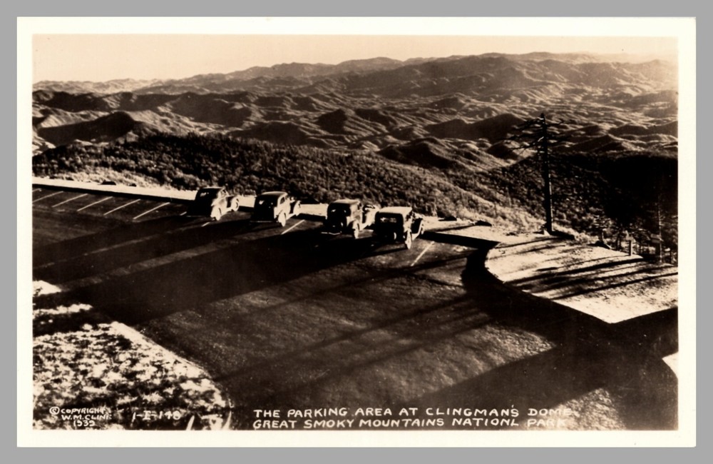 Clingman’s Dome Parking Area Great Smoky Mountains c1939 RPPC UNP Cars Postcard
