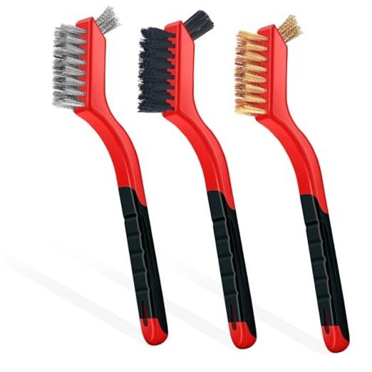 3Pcs Wire Brush Set with Nylon Brass Stainless Steel Bristles and Curved Handle