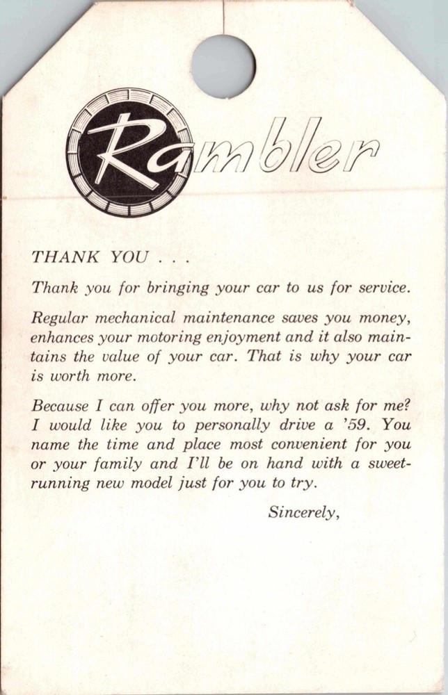 Vintage 60s Rambler Car Service Appreciation Tag Advertising Vtg
