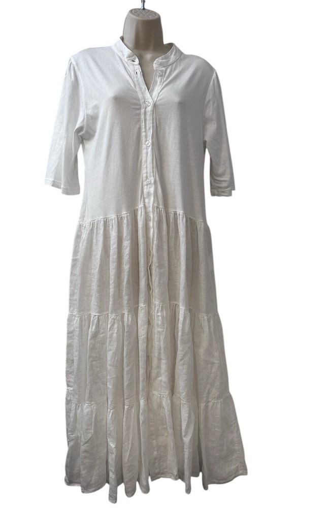 Etici Women’s Size M/L White Linen Maxi Dress with Button Front, Made in Italy