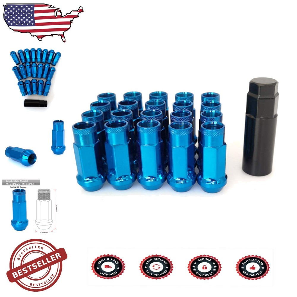 High-Performance M12x1.25 Open End Wheel Nuts with Socket Key - 20 Set Blue