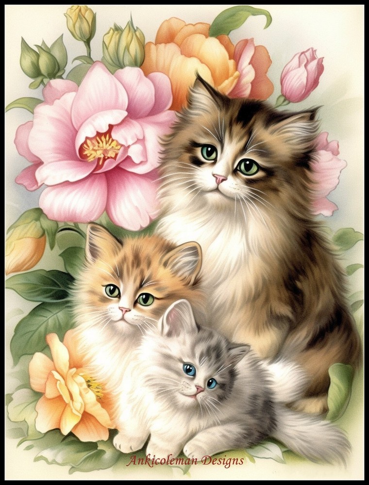 Kittens among Peonies - Chart Counted Cross Stitch Patterns Needlework DMC Color