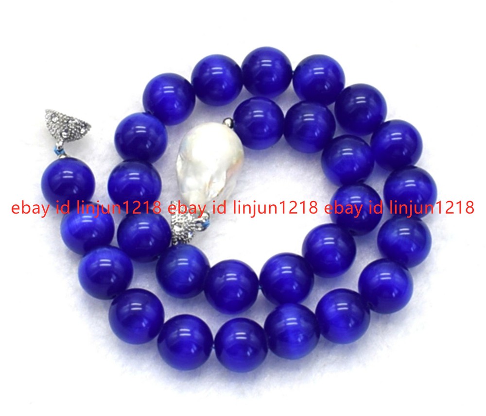 Fashion 14mm Blue Opal Cat's Eye Round Gemstone White Baroque Pearl Necklace 20
