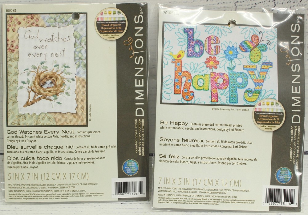 2 Vintage Dimensions Cross Stitch Pattern Kits God Watches Every Nest & Be Happy