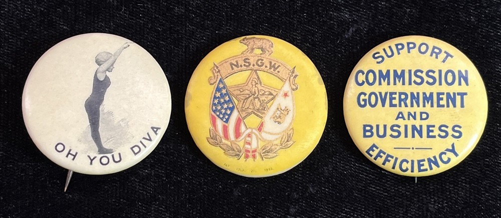 Antique Lot Of 3 RARE 1896 Whitehead Hoag Pin-back, NATIONAL SONS GOLDEN WEST