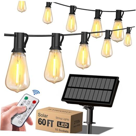 60FT Solar String Lights Outdoor Weatherproof with Remote, Solar Powered LED
