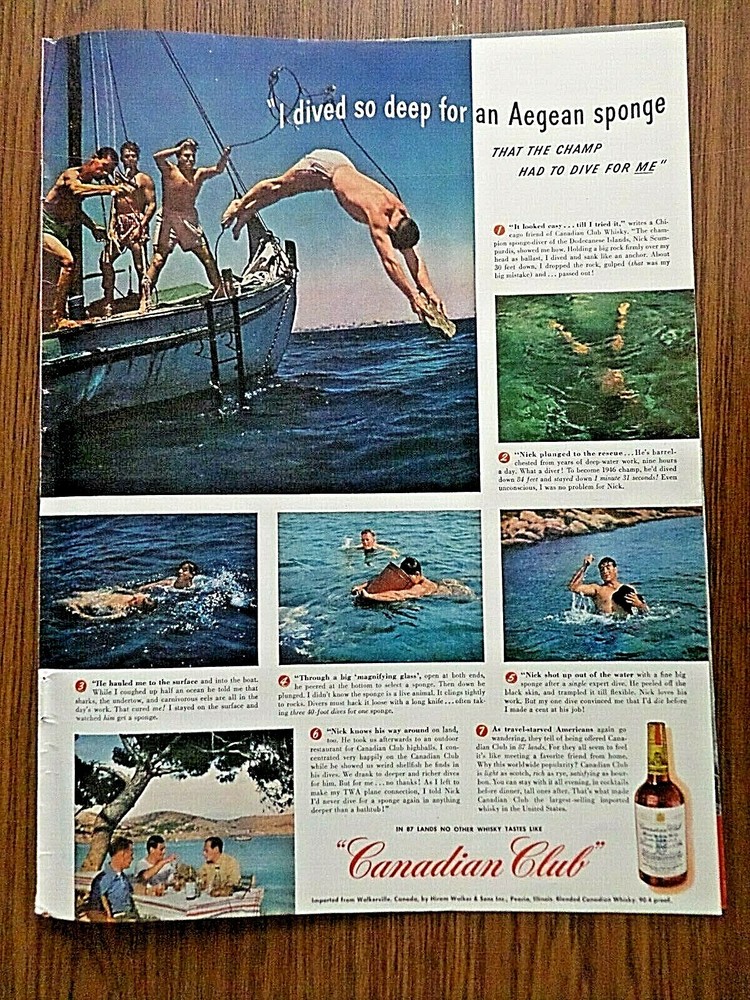 1947 Canadian Club Whiskey Ad Sponge Diver Dodecanese Islands 1947 Camel Cigs Ad-image
