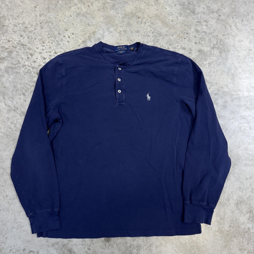 Polo Ralph Lauren Featherweight Mesh Shirt Mens Medium Blue Henley Long Sleeve