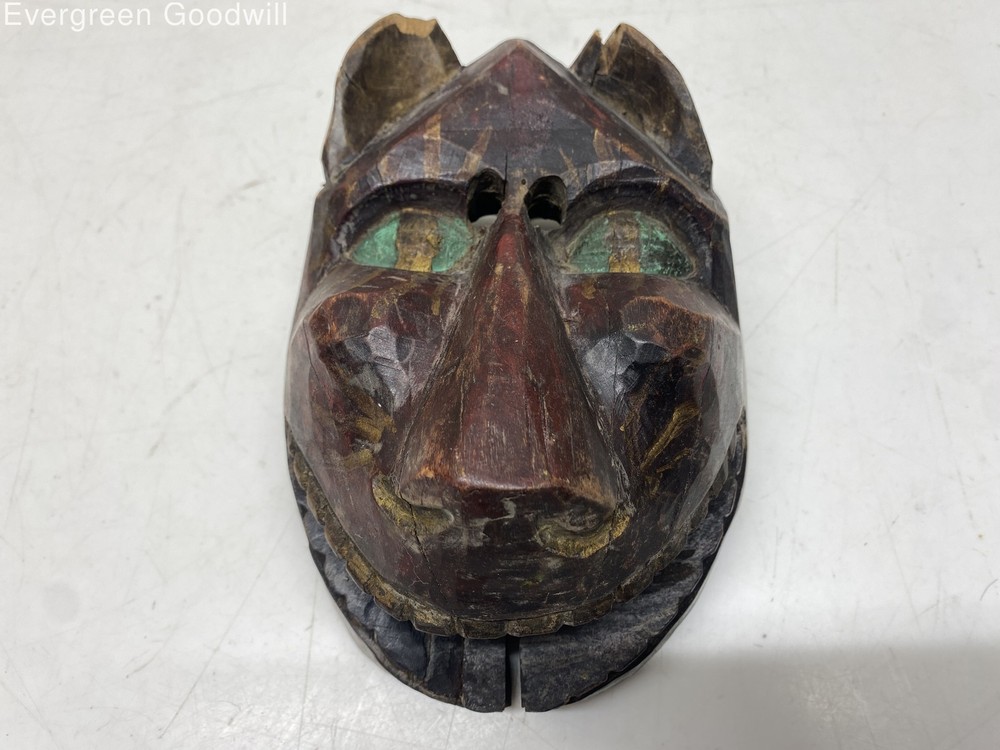 Antique Handmade Wood Carved Tribal Mask of Cat Panther