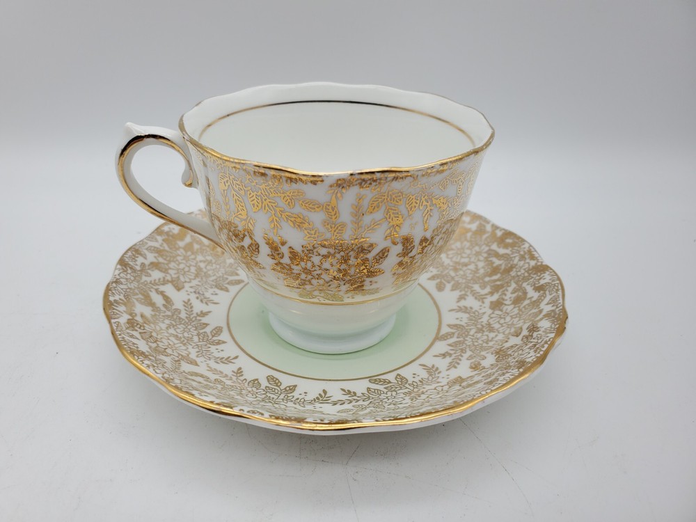 Vintage Colclough China Golden Floral Tea Cup & Saucer, Mint Green #6608
