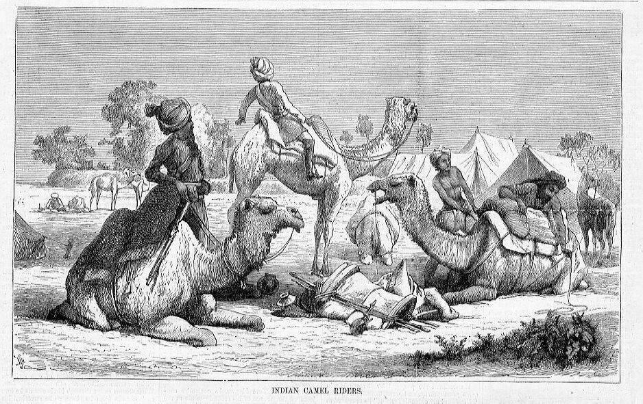 INDIAN CAMEL RIDERS, 1876 NATIVE CAVALRY CAMPING GROUND