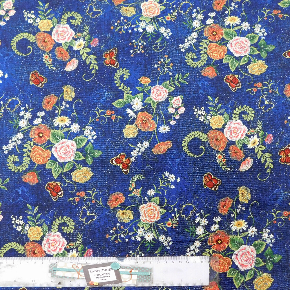 Quilting Patchwork Sewing Fabric Denim Flower Bouquet 50x55cm FQ