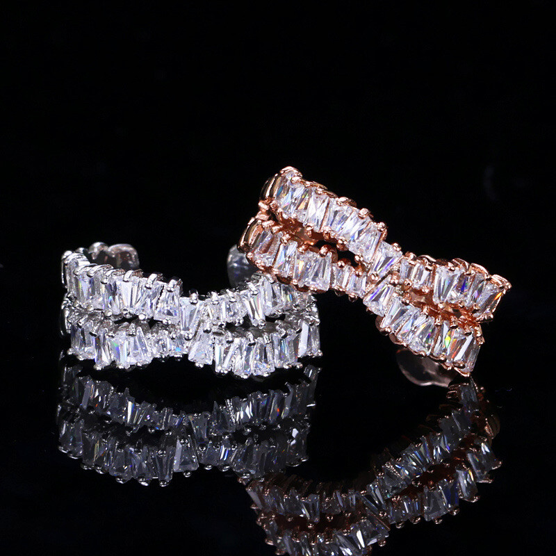 Sparkly Baguette Zircon Silver Plated Open Cuff Cross Ring Women Costume Jewelry