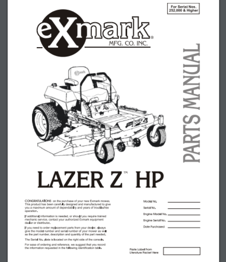 Exmark Lazer Z HP Mower Parts Manual 20 PAGES  Serial #'s  252,000 & Higher