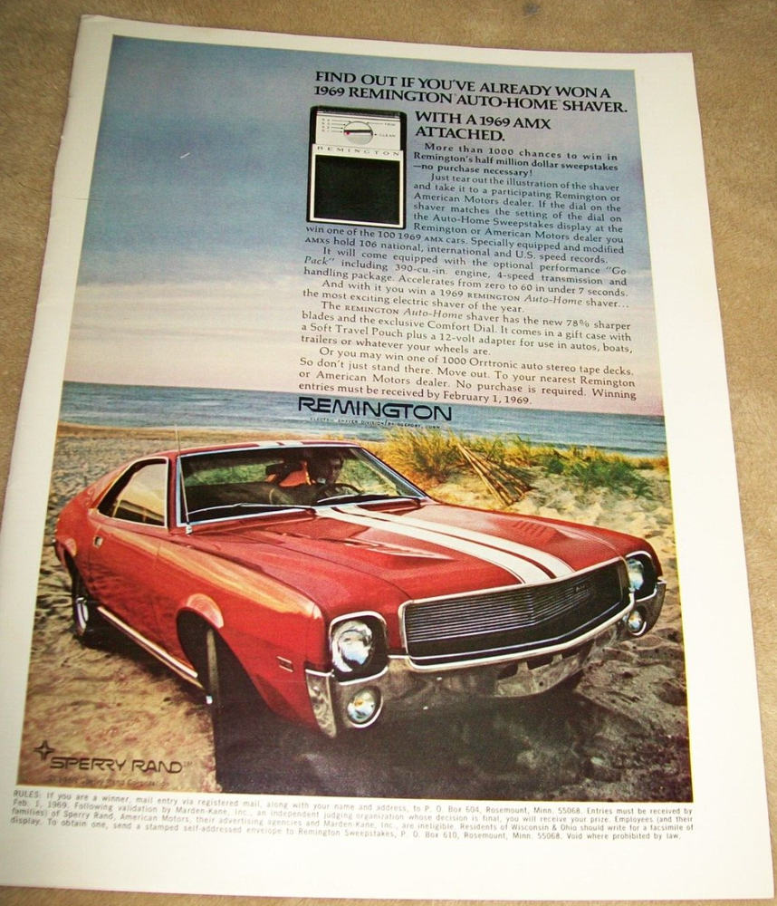 1969 69 AMC American Motors AMX mag Remington Shaver contest car ad