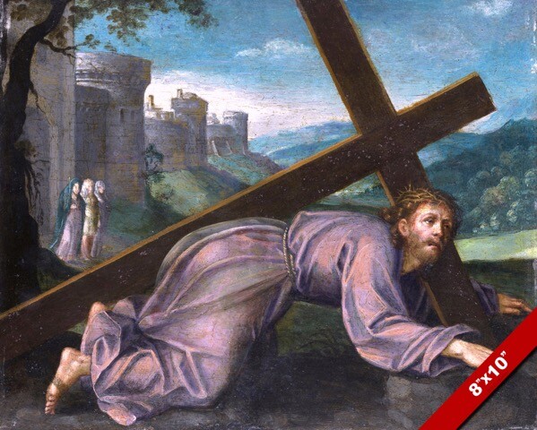 JESUS FALLING UNDER CROSS FRESCO PAINTING CHRISTIAN BIBLE ART REAL CANVAS PRINT