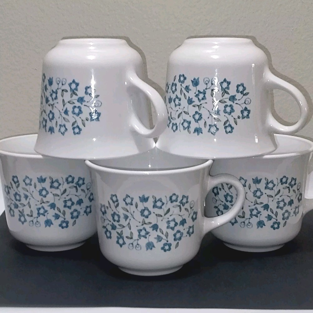 Blue Heather CORELLE by Corning Floral Vtg Set of 5 Coffee Mugs Tea Cups