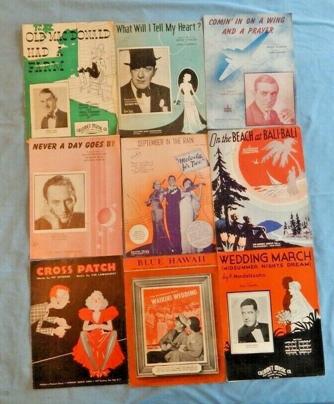 VINTAGE ASSORTED LOT of NINE (9) Pieces OLD SHEET MUSIC Mostly 1930's