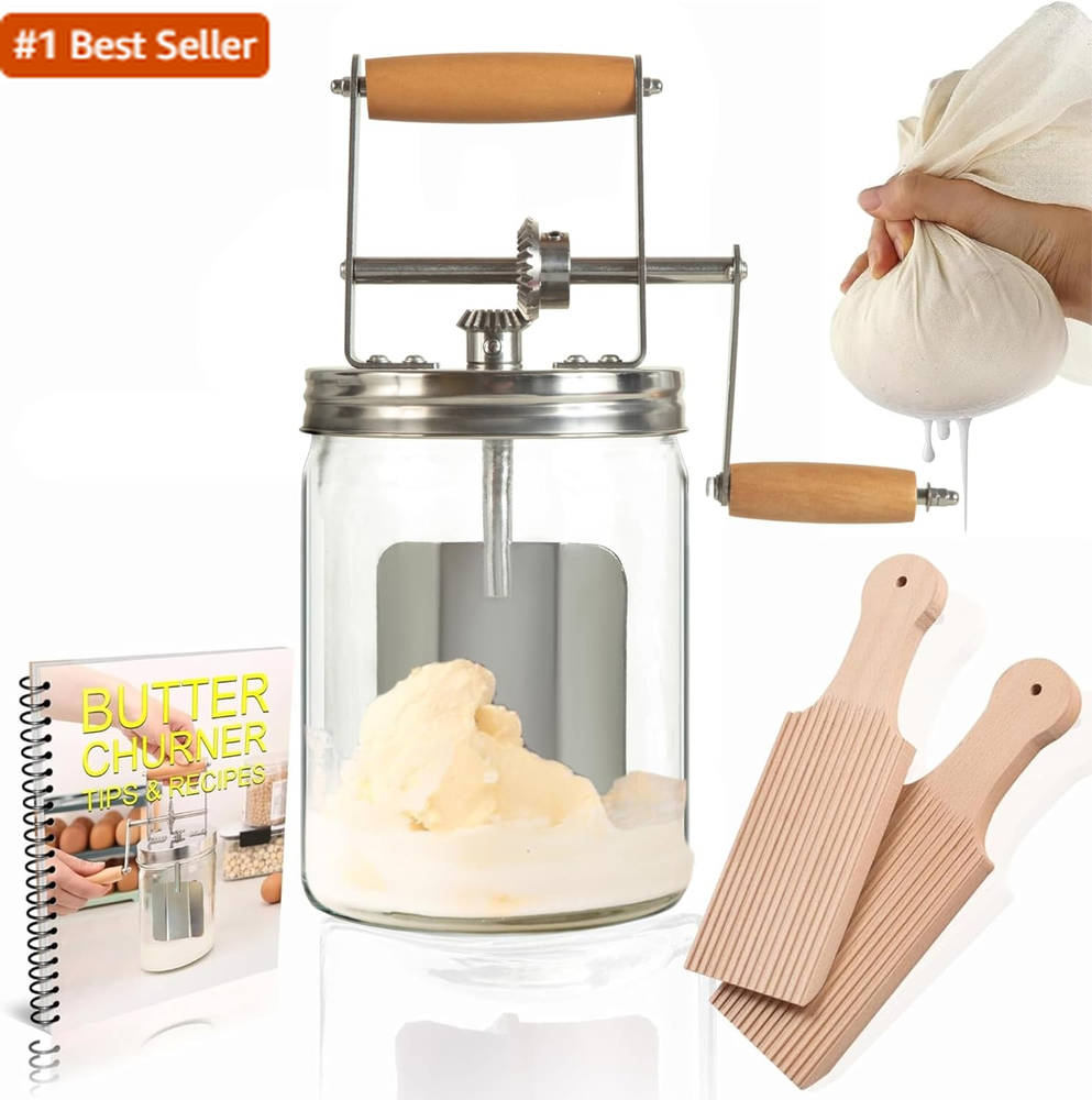 Vintage Dazey Butter Churner Set with Cheese Cloth, Wooden Paddles & Recipe Book - Hand Crank