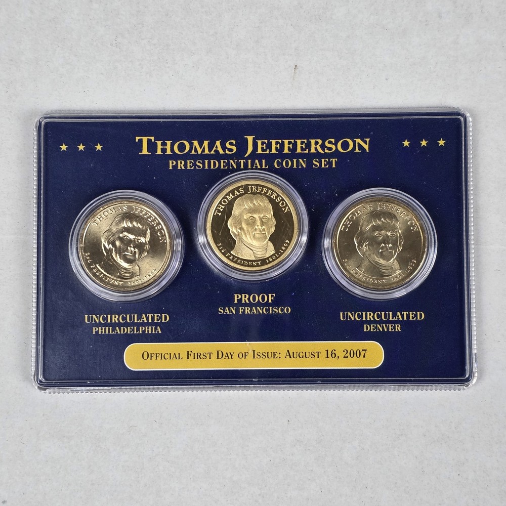 Thomas Jefferson Presidential $1 Coin Proof Set Of 3 First Day Issue 2007