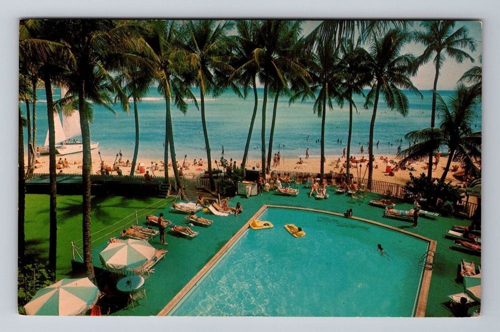 Waikiki HI-Hawaii, The Outrigger Hotel Pool, Advertising, Vintage Postcard