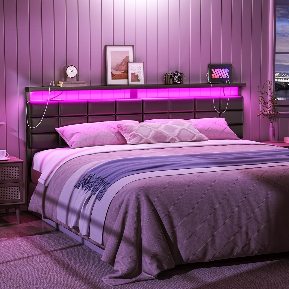 King Size Upholstered Headboard with Storage Rack, USB Charging & LED Lights