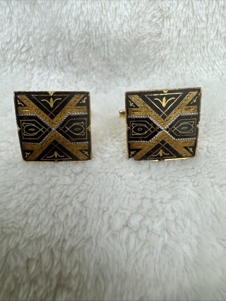 Vintage Unisex Geometric Mod Diamond Amascene Cufflinks for Timeless Style