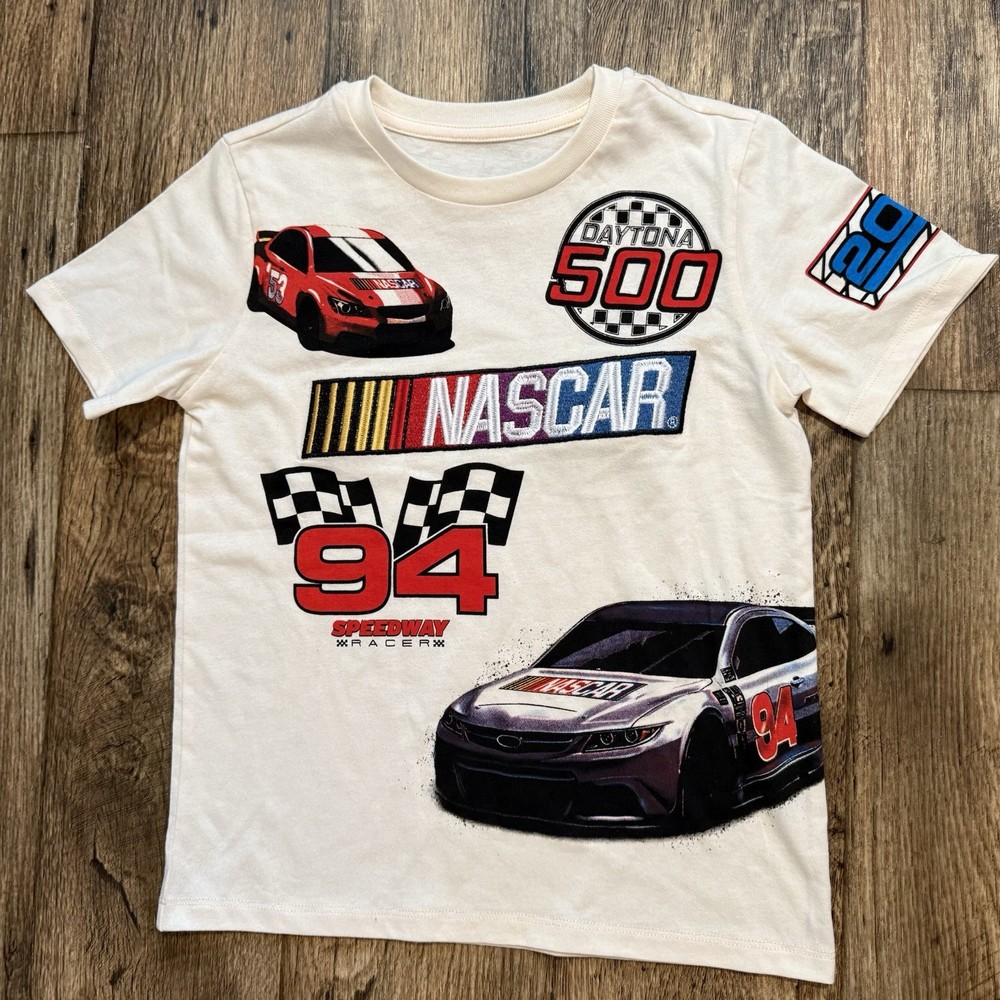 NASCAR T-Shirt Boys Size 6 Cream Daytona 500 Embroidered Racing Tee NWOT