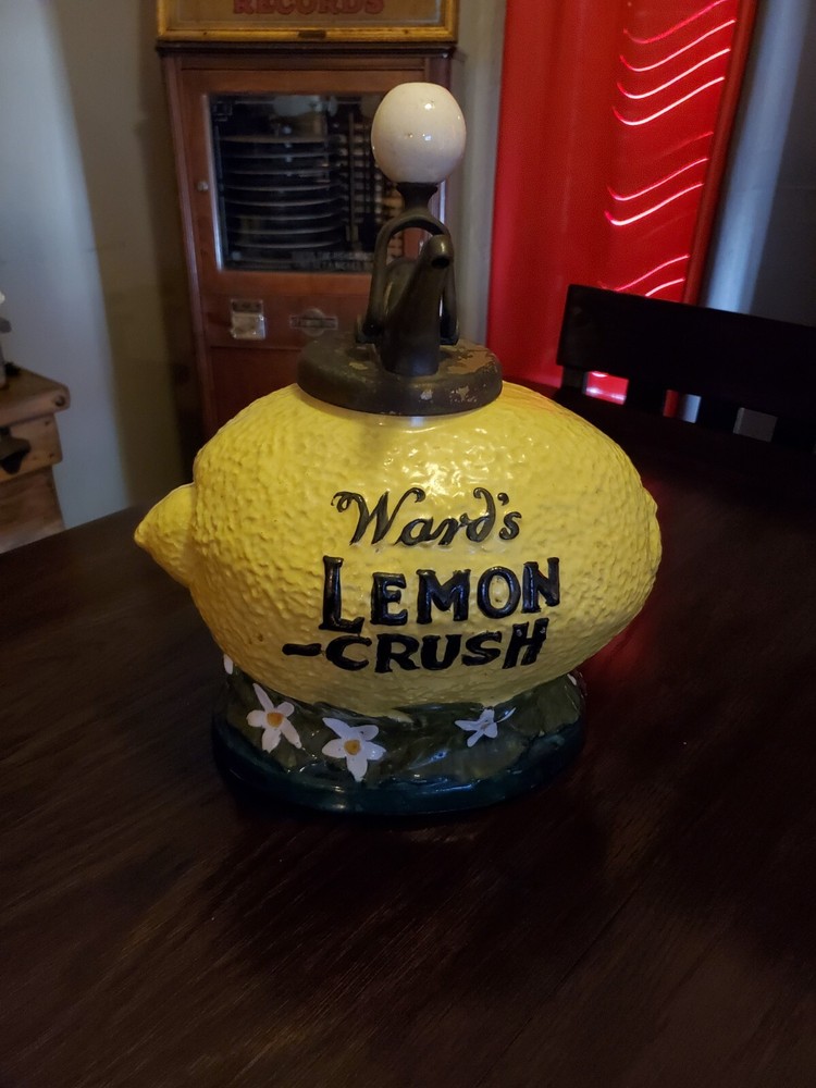 1918 Vintage WARD'S Lemon Crush Counter Top Soda Ceramic Syrup Dispenser