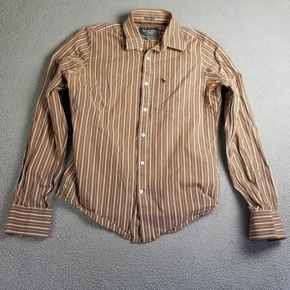 Abercrombie Fitch Shirt Men Large Muscle Button Down Brown Stripe Moose-image