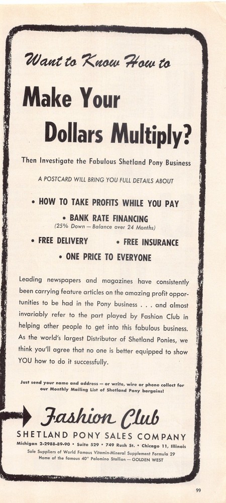 Vintage Fashion Club Shetland Pony Sales Ad Chicago Illinois Magazine-image
