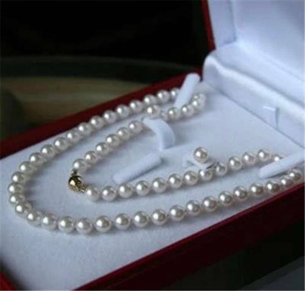 7-8MM Natural White Akoya Pearl Necklace & Earrings Set 18 Inch-image