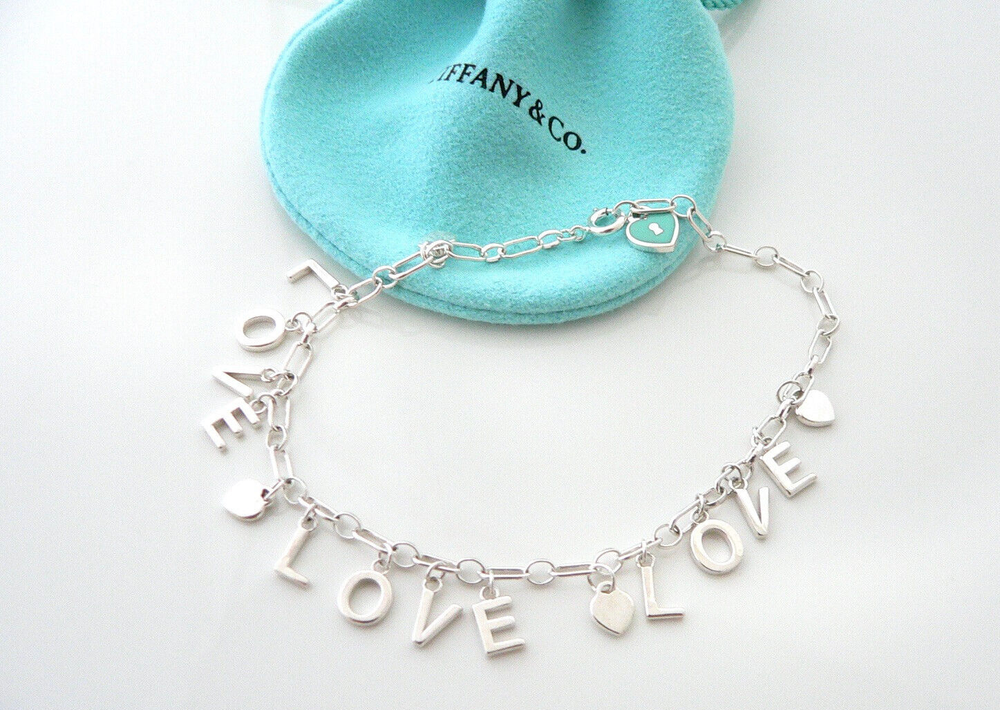 Tiffany & Co LOVE Charm Bracelet Link Chain Bangle Blue Enamel Hearts 7.5 Inches