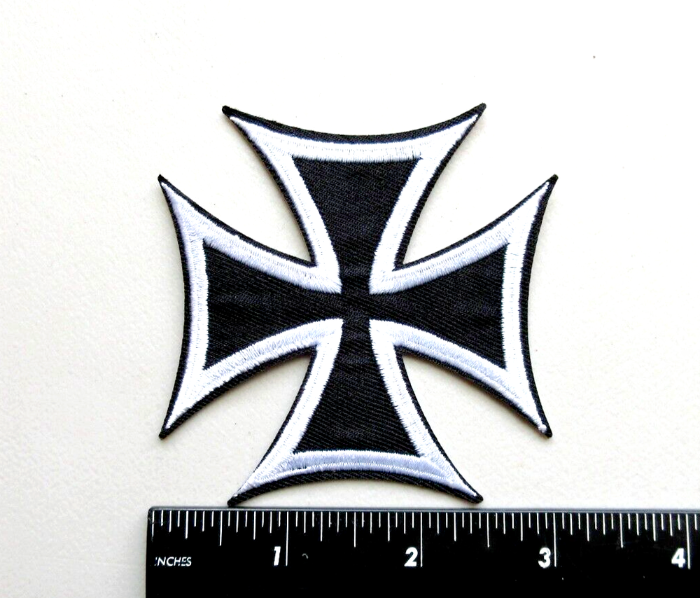 BLACK & WHITE MALTESE CROSS IRON CROSS BIKERS VEST EMBROIDERED IRON ON PATCH
