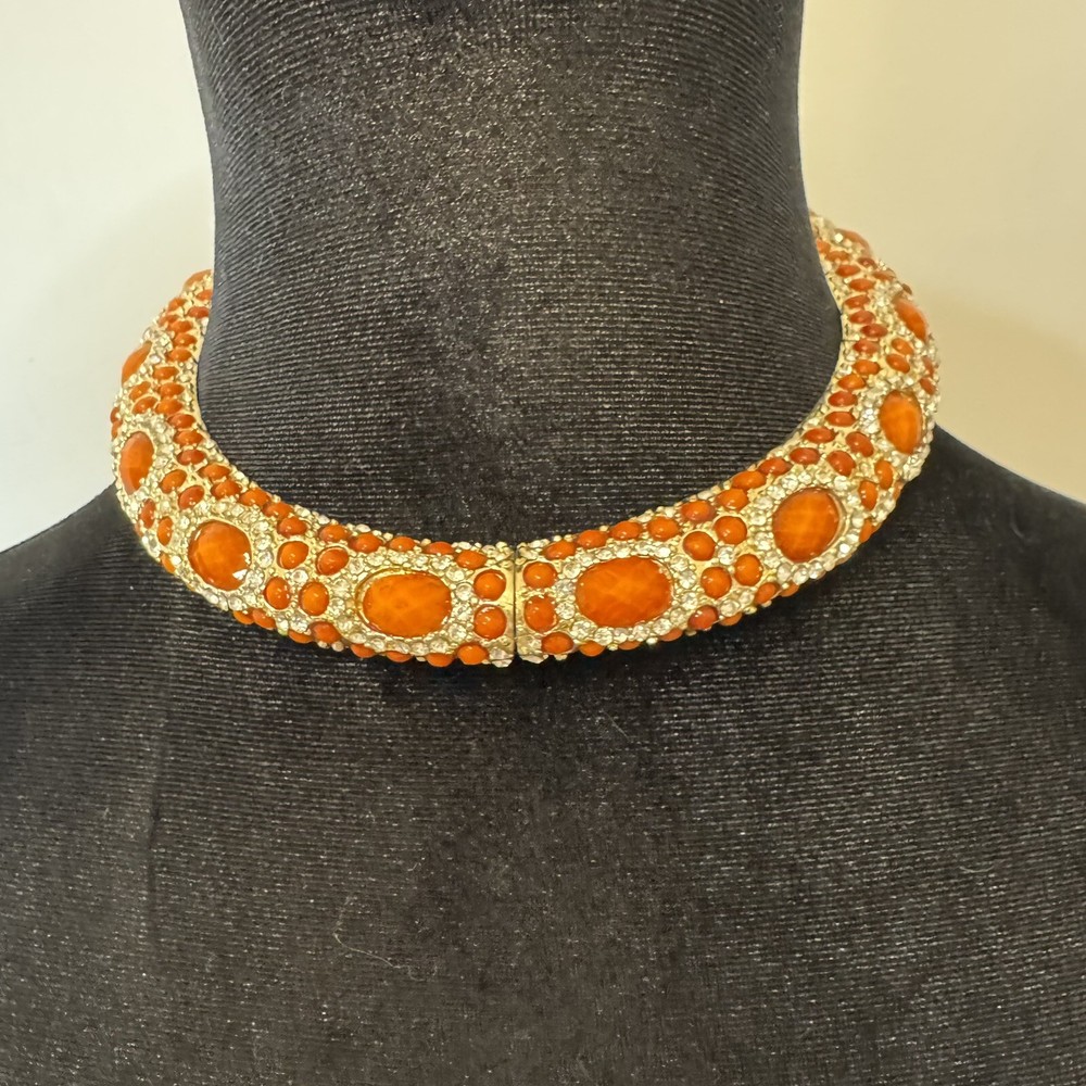 Amrita Singh Vintage Gold-Tone Choker Necklace w/ Orange Cabochons & Crystals