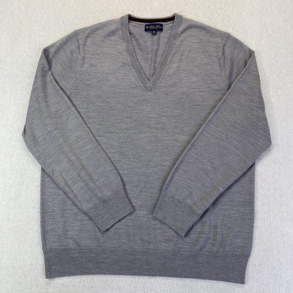 Brooks Brothers Sweater Mens 2XL Gray Merino Wool V Neck Italian Yarn Fine Knit