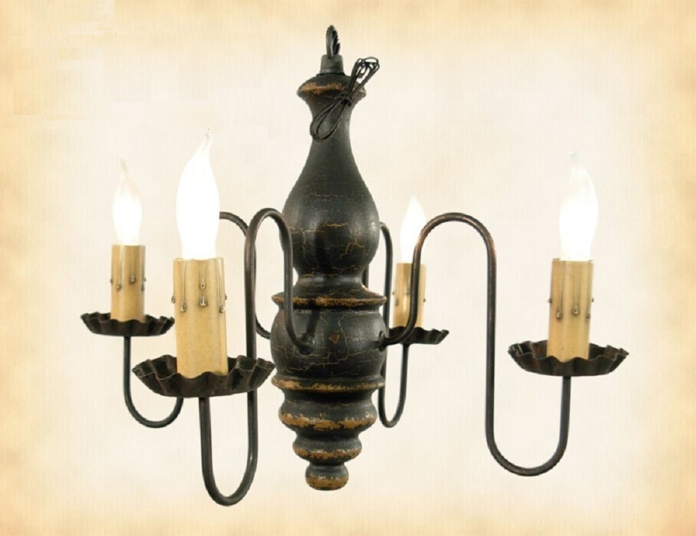 Colonial Abigail Black Mustard 4-Arm Wood Chandelier Handmade USA-image