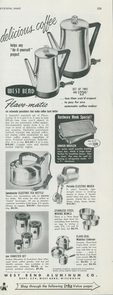 1955 West Bend Aluminum Coffee Maker Kettle Mixer Bowl Broiler Canister Ad SP22