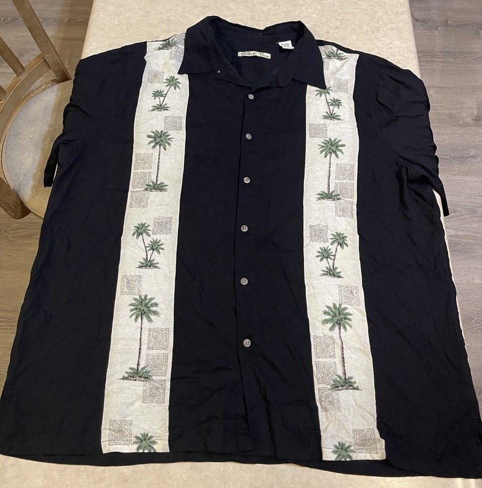 Vtg Batik Bay Hawaiian Shirt Men XL Short Sleeve Guayabera Tropical Palm trees