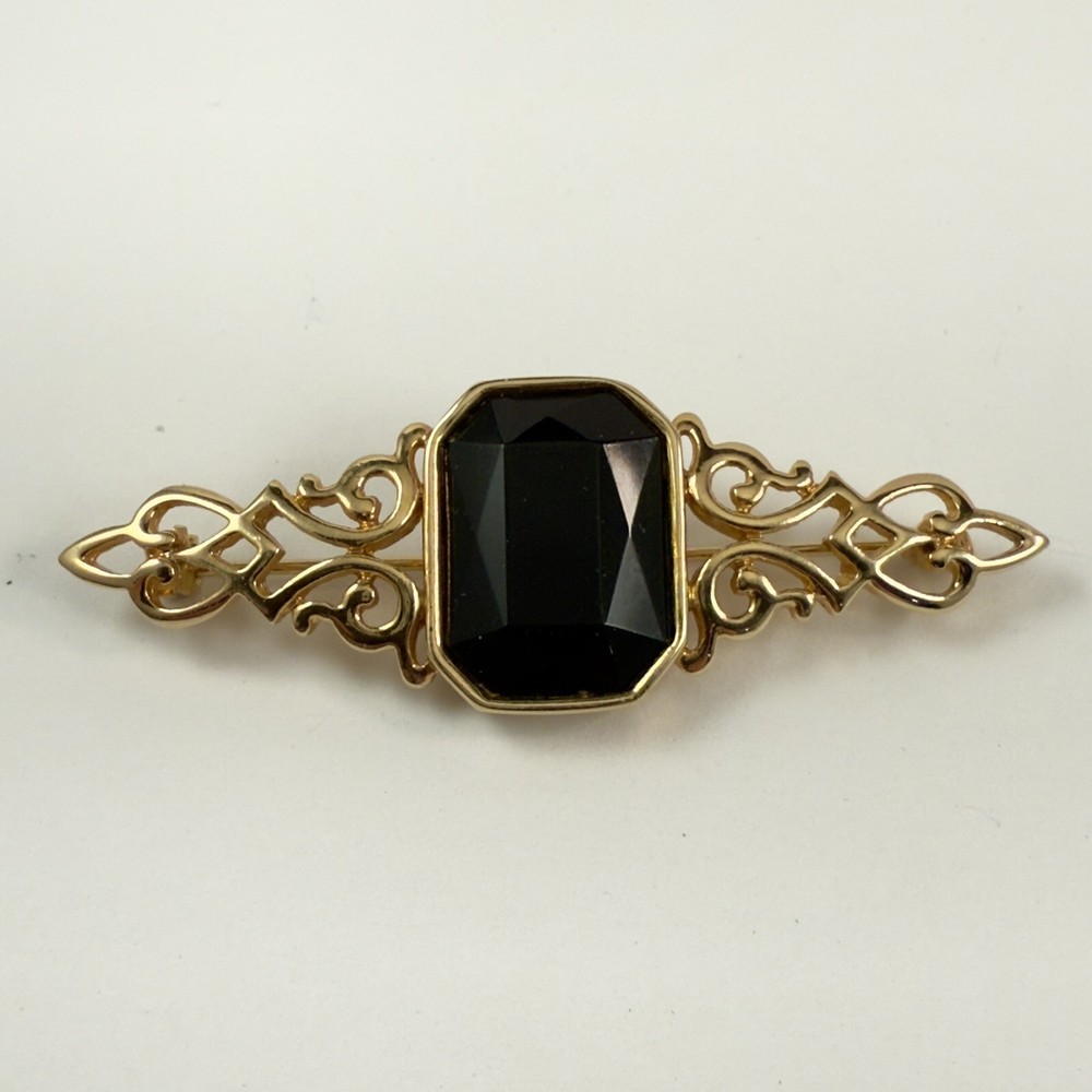 Vintage PARK LANE Black Faux Onyx Gold Tone Brooch Estate Pin