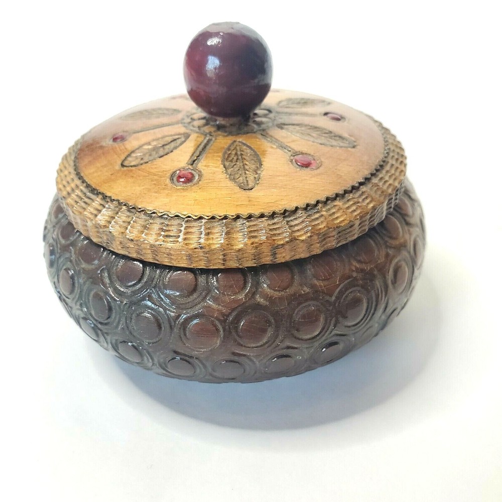 Handcrafted Wooden Round Carved Trinket Jewelry Box
