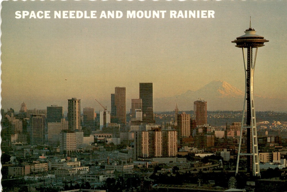 Seattle Postcard Featuring Space Needle and Mount Rainier Views