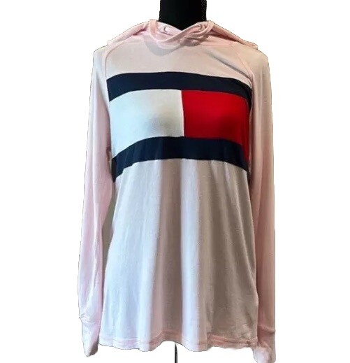 Tommy Hilfiger Women's Small Petite Pink Cotton Lightweight Hoodie with Flag Logo