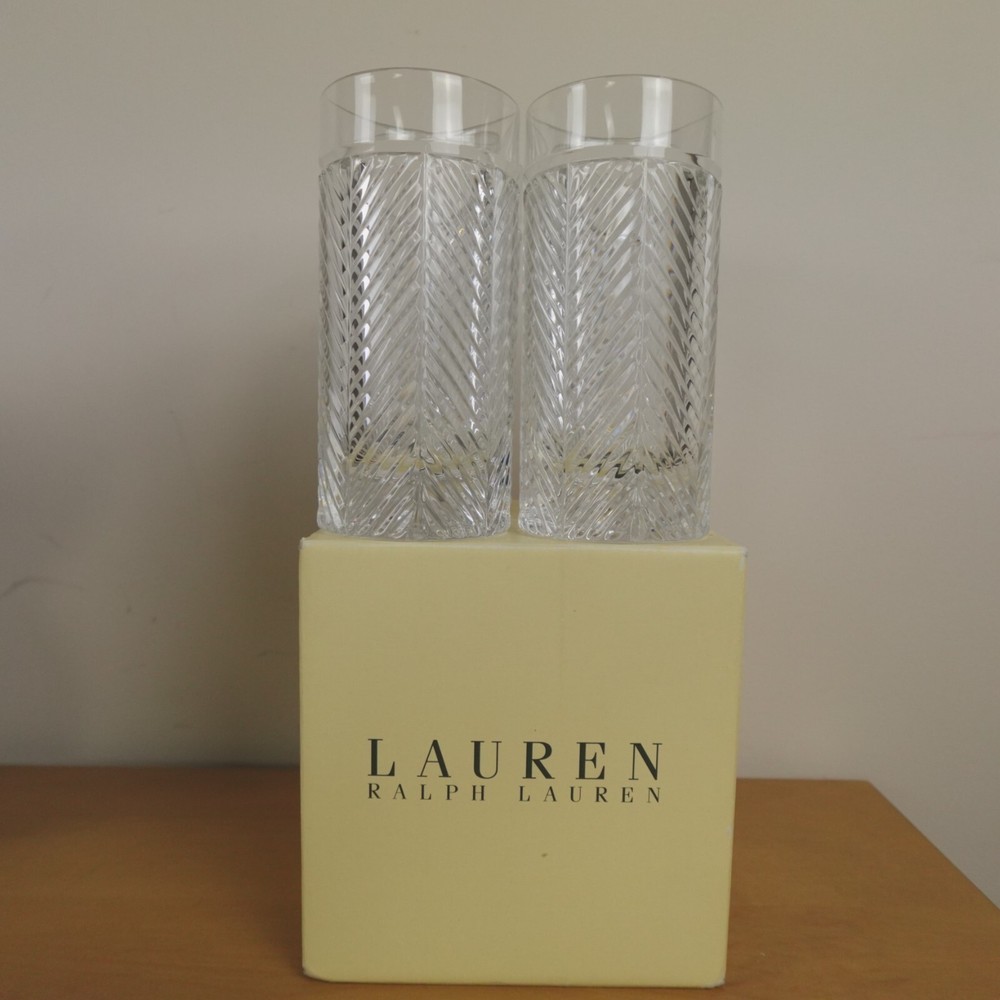 Ralph Lauren Herringbone Glasses Highball Lead Crystal Set of 4 New Signed