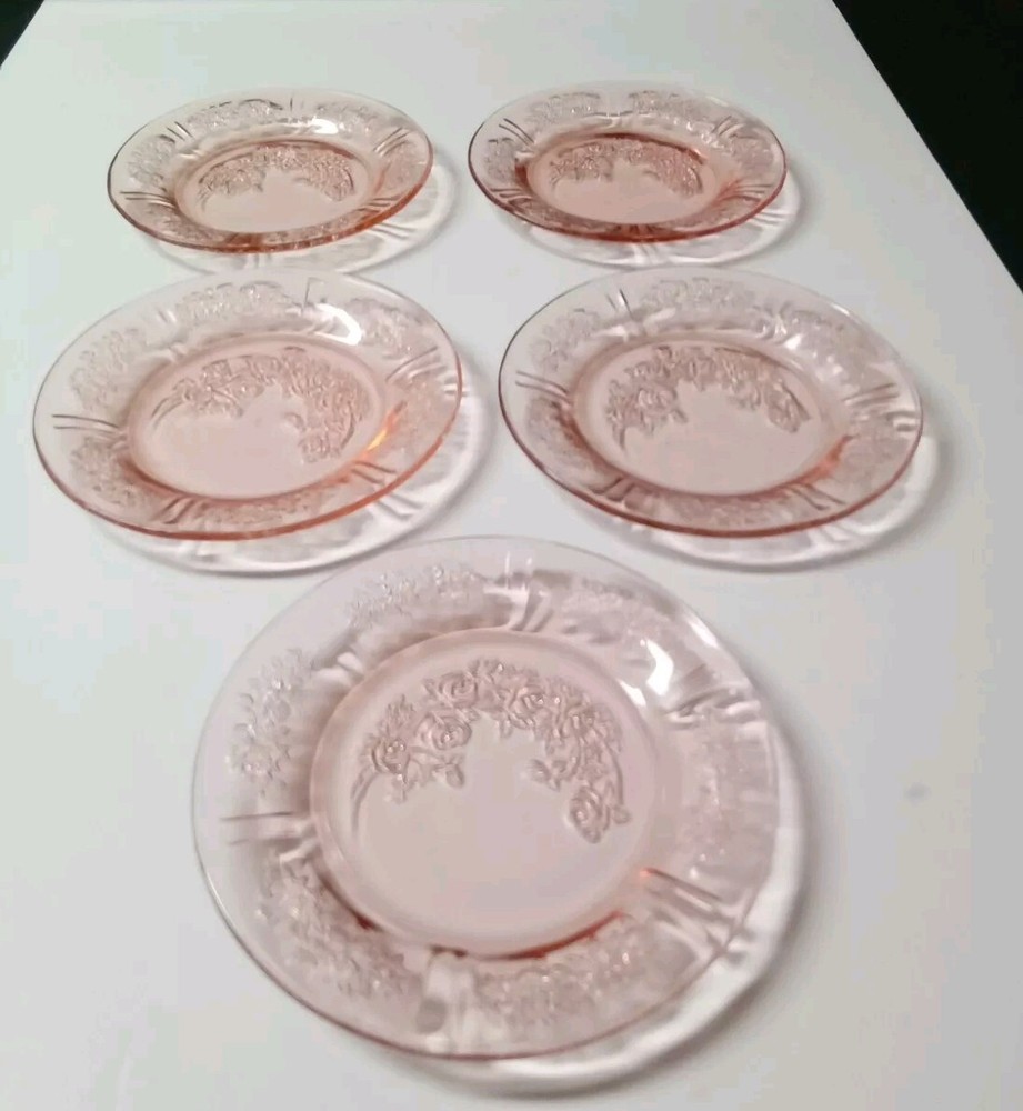 Vintage Federal Glass Pink Sharon Cabbage Rose Bread Dessert Plates - Set of 5