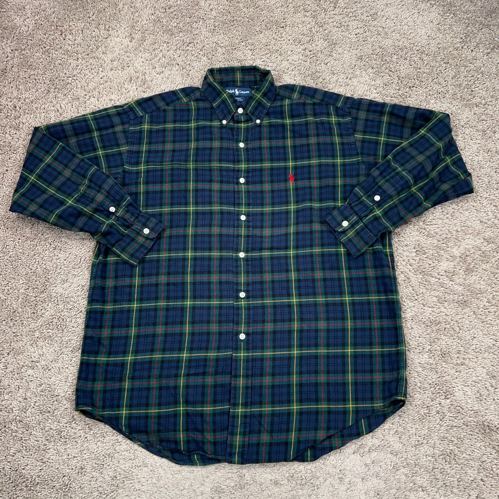Ralph Lauren Shirt Mens Medium Green Blue Plaid Blake Flannel Cabin Pony Logo