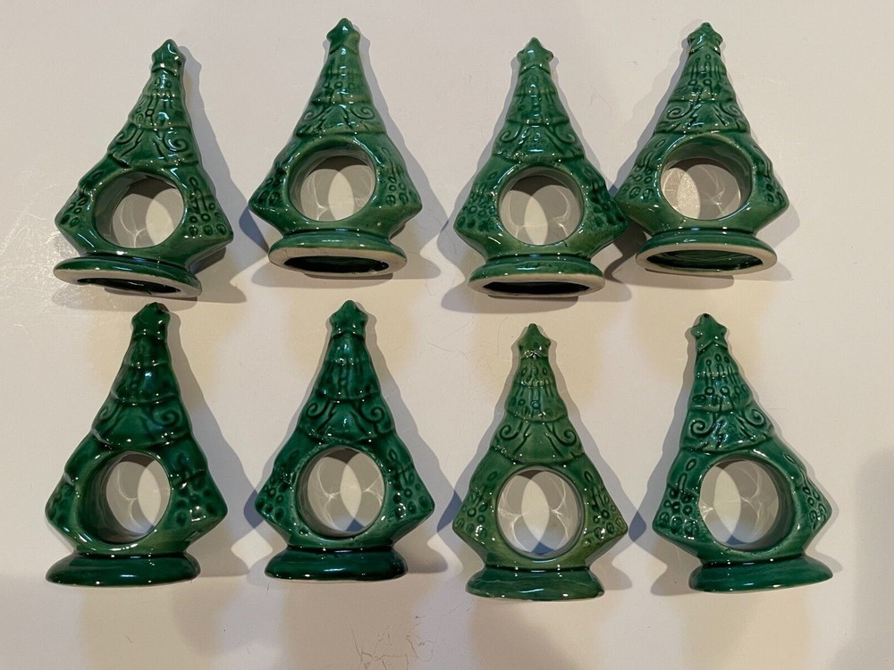 8 Ceramic Christmas Tree Napkin Rings Napkin Holders 3.5”; see desc & photos